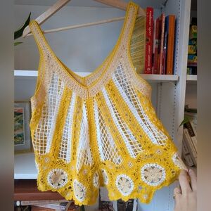 Crochet Women's Tank Top V-Neck Yellow Cream Size Medium Boho Festival Summer